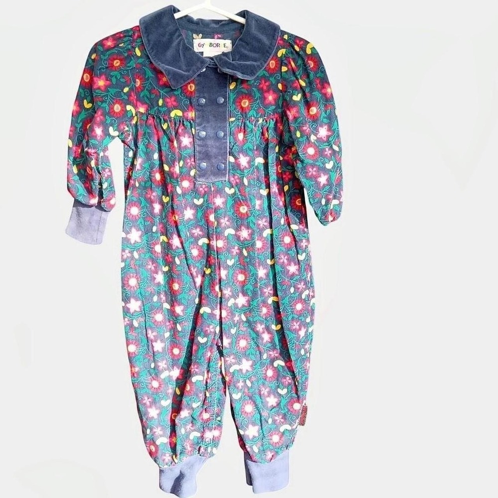 Vintage Gymboree Floral Cotton Playsuit With Blue Velvet Collar & Cuffs Size XS